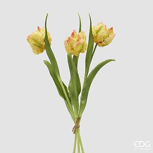 Tulipan dekorativ Parrot – buqetë me tre lule dhe syth