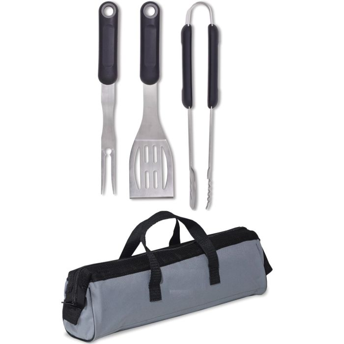 Set BBQ me pirun, darë, spatul me dorezë blu dhe çantë me etiketë
